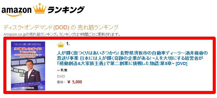 「人が輝く街つくりはあいさつから! 長野県須坂市の自動車ディーラー酒井商會の恩送り事業 日本には人が輝く奇跡の企業がある! ~人を大切にする経営者が「感動創造&大家族主義」で第二創業に挑戦した物語:第5章~」が、AmazonのDODの売れ筋ランキングで1位を獲得!