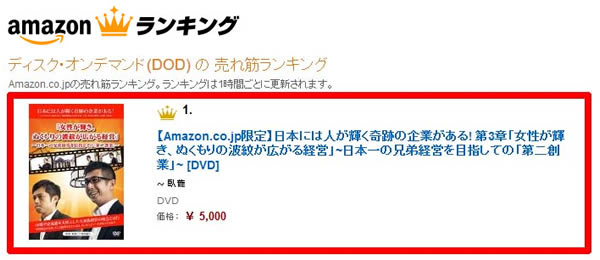 日本には人が輝く奇跡の企業がある! 第3章「女性が輝き、ぬくもりの波紋が広がる経営」~日本一の兄弟経営を目指しての「第二創業」~が、
AmazonのDODの売れ筋ランキングで1位を獲得!