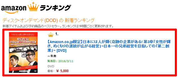 日本には人が輝く奇跡の企業がある! 第3章「女性が輝き、ぬくもりの波紋が広がる経営」~日本一の兄弟経営を目指しての「第二創業」~が、
AmazonのDODの新着ランキングで1位を獲得!